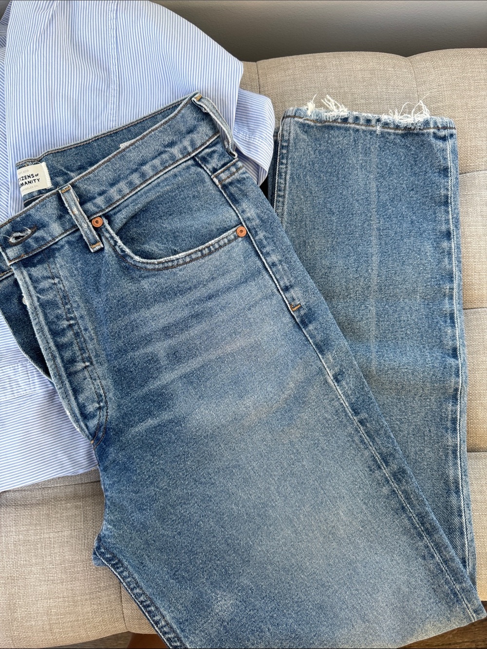 Citizens Of Humanity Straight Leg Blue Jeans with Frayed Hem